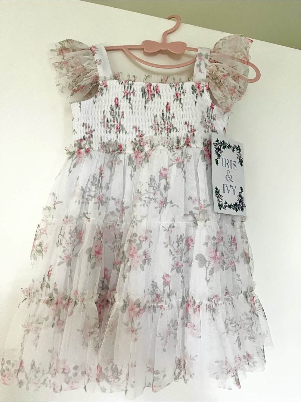 iris & ivy White Floral Tulle Dress with Pink & Green